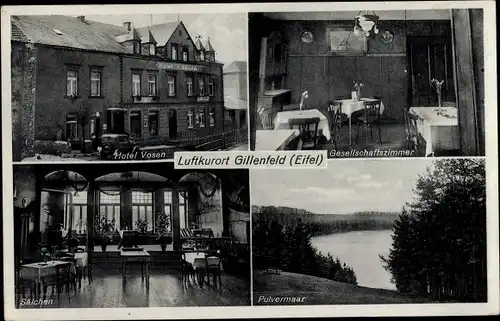 Ak Gillenfeld Eifel, Hotel Vosen mit Tanksäule, Sälchen, Pulvermaar