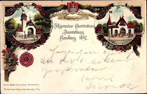 Litho Hamburg Mitte Altstadt, Allgemeine Gartenbau Ausstellung 1897, Eingangstore