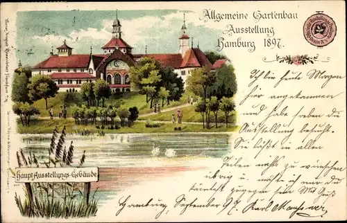 Litho Hamburg Mitte Altstadt, Allgemeine Gartenbau Ausstellung 1897, Hauptausstellungsgebäude