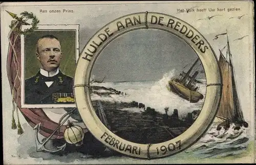Passepartout Ak Prinz Hendrik der Niederlande, Portrait, Untergang Fährschiff SS Berlin 1907