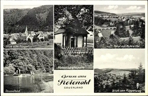 Ak Freienohl Meschede im Sauerland, Teilansicht mit Küppel, Teilansicht mit Ruhrbrücke, Strandbad
