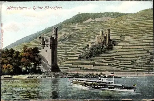 Ak Bingerbrück Bingen am Rhein, Mäuseturm und Ruine Ehrenfels, Salondampfer