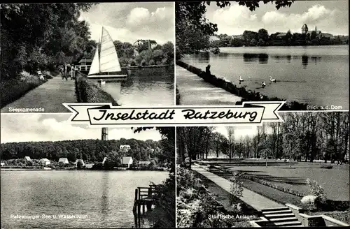 Ak Ratzeburg im Herzogtum Lauenburg, Teilansicht mit Dom, Seepromenade, Städt. Anlagen, Wasserturm