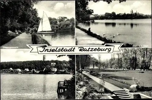 Ak Ratzeburg im Herzogtum Lauenburg, Teilansicht mit Dom, Seepromenade, Städt. Anlagen, Wasserturm