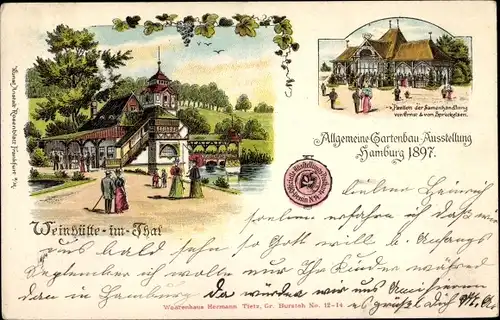 Litho Hamburg Mitte Altstadt, Allgemeine Gartenbau Ausstellung 1897, Weinhütte im Tal, Samenhandlung