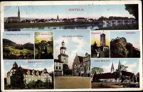 Ak Rinteln an der Weser, Gesamtansicht, Schaumburg, Arensburg, Luth. Kirche, Rathaus, Schloss