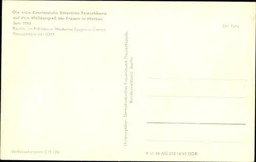Ak Moskau Russland, Weltkongress der Frauen 1963, Kosmonaut Walentina Wladimirowna Tereschkowa