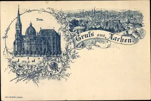 Litho Aachen in Nordrhein Westfalen, Gesamtansicht, Dom