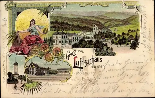 Litho Barmen Wuppertal, Bahnhof, Luftkurhaus, Tölleturm