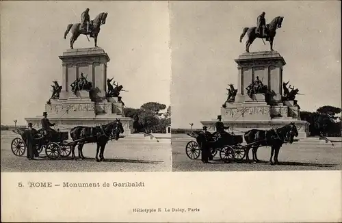 Stereo Ak Roma Rom Lazio, Monument de Garibaldi, Pferdekutsche