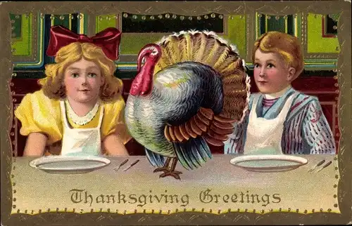 Ak Thanksgiving, Truthahn, Kinder am Tisch