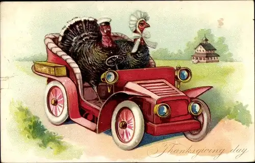 Ak Thanksgiving, vermenschlichte Truthähne im Automobil