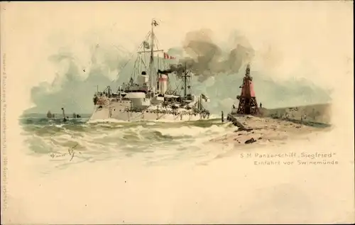 Künstler Litho Bohrdt, Hans, Swinemünde, Deutsches Kriegsschiff, SMS Siegfried, Panzerschiff