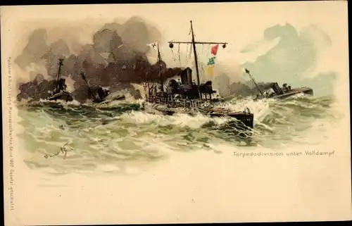Künstler Litho Bohrdt, Hans, Deutsche Kriegsschiffe, Torpedodivision unter Volldampf