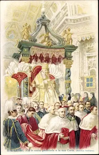 Litho Papst Leo XIII, in sedia gestatoria e la sua Corte