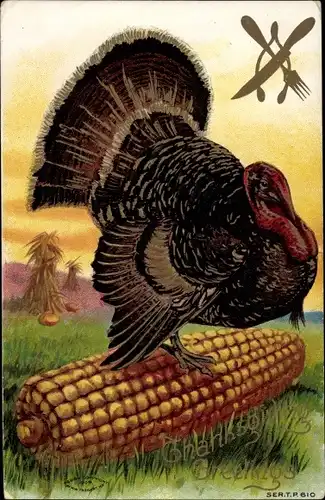 Präge Ak Thanksgiving, Turkey, Truthahn, Maiskolben