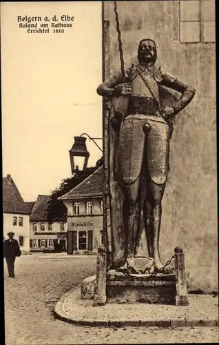 Ak Belgern an der Elbe, Roland am Rathaus