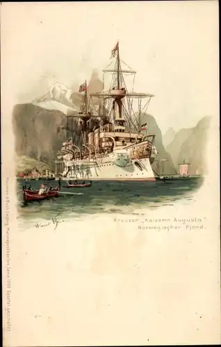 Künstler Litho Bohrdt, Hans, Deutsches Kriegsschiff, Kreuzer Kaiserin Augusta, Norwegischer Fjord
