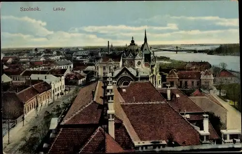 Judaika Ak Szolnok Sollnock Ungarn, Latkep, Blick auf den Ort, Synagoge