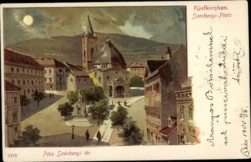 Litho Pécs Fünfkirchen Ungarn, Szechenyi Platz, Kirche