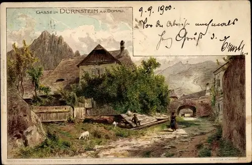Litho Dürnstein an der Donau Wachau Niederösterreich, Gasse im Ort