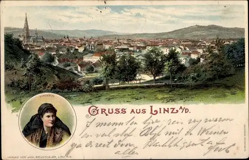 Litho Linz an der Donau Oberösterreich, Blick auf den Ort, Frau in Tracht