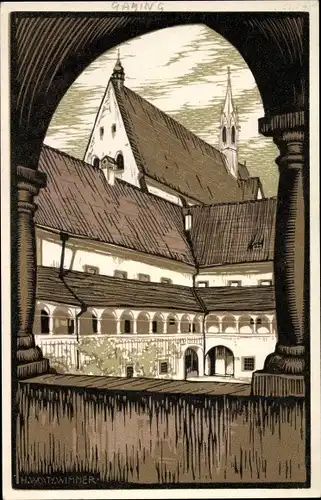 Künstler Ak Gaming in Niederösterreich, Kartause, Bibliothekshof, Arkadengang, Kirche