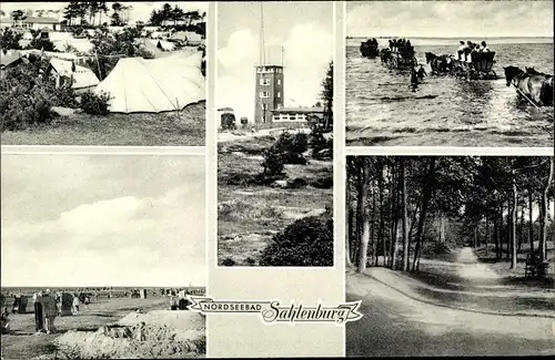 Ak Sahlenburg Cuxhaven in Niedersachsen, Wattwagen nach Neuwerk, Menkestieg im Wernerwald, Strand