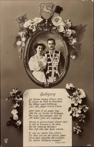 Ak Herzog Ernst August von Braunschweig, Victoria Luise, Gedicht Huldigung