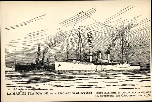 Künstler Ak Haffner, Croiseurs et Avisos, Kriegsschiff, Ligue Maritime et Coloniale Francaise