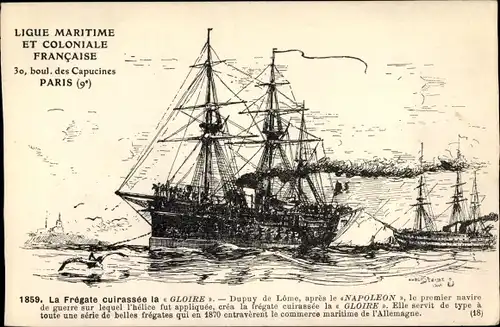Künstler Ak Sebille, Albert, La frégate cuirassée la Glorie, Ligue maritime française