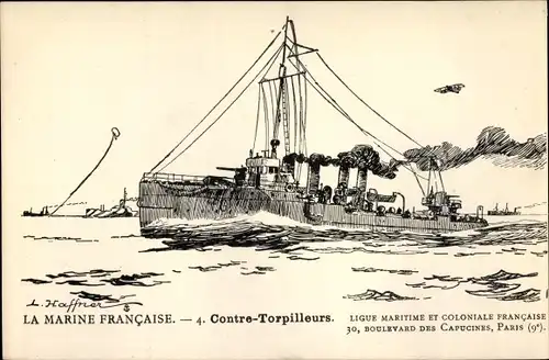 Künstler Ak Haffner, Kriegsschiff, Contre-Torpilleurs, Ligue Maritime et Coloniale Francaise