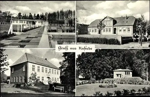 Ak Rastede in Oldenburg, Badeanstalt, Mittelschule, Bau- und Berufsschule, Wasserwerk