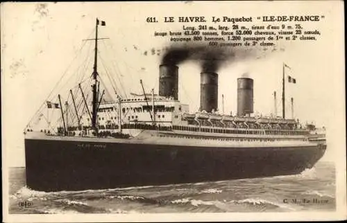 Ak Le Havre Seine Maritime, Le Paquebot Ile de France, Dampfer, CGT, French Line