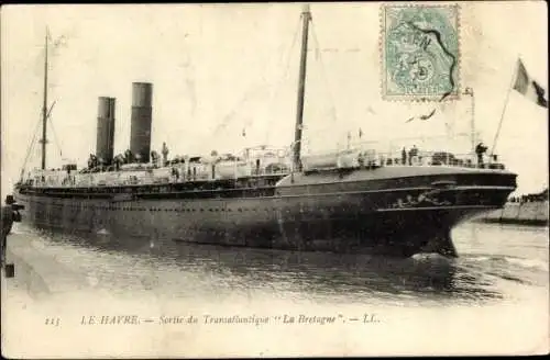 Ak Le Havre Seine Maritime, Sortie du Transatlantique La Bretagne, Dampfer, CGT, French Line