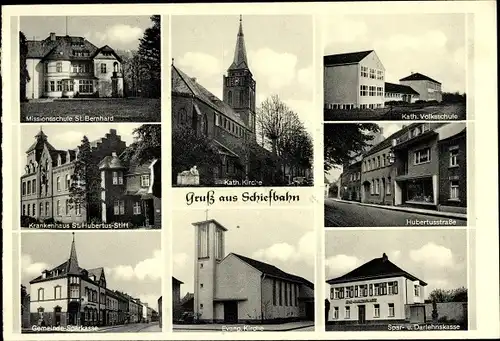 Ak Schiefbahn Willich am Niederrhein, Missionsschule St. Bernhard, Evang. Kirche, Kath. Volksschule