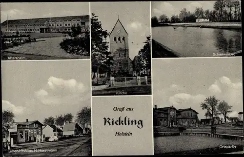 Ak Rickling in Holstein, Altersheim, Kirche, Schwimmbad, Ortspartie, Geschäftshaus H. Horstmann