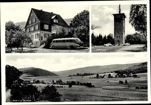 Ak Herscheid im Sauerland, Gasthof Weber, Bus, Kolbturm, Landschaftsblick v. d. Terrasse