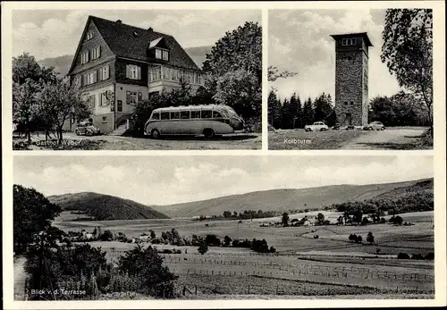 Ak Herscheid im Sauerland, Gasthof Weber, Bus, Kolbturm, Landschaftsblick v. d. Terrasse