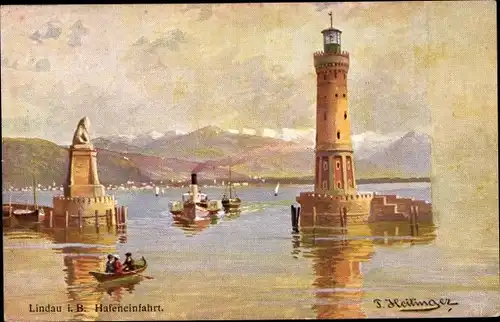 Künstler Ak Heilinger, T., Lindau am Bodensee Schwaben, Hafeneinfahrt, Leuchtturm, Löwe