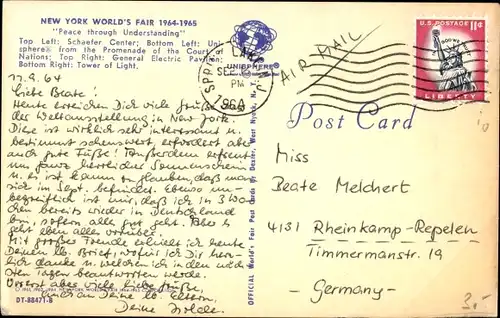 Ak New York City USA, World's Fair, Weltausstellug 1964-1965, Top Left, Schaefer Center, Bottom Left