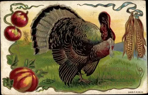 Präge Ak Thanksgiving, Turkeys, Truthahn, Mais, Kürbis