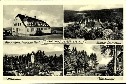 Ak Schönstein Wissen an der Sieg Westerwald, Erholungsheim Maria am Stein, Schloss, Madonna