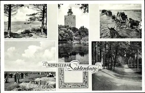 Ak Sahlenburg Cuxhaven in Niedersachsen, Wattwagen nach Neuwerk, Menkestieg im Wernerwald, Strand