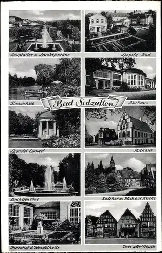 Ak Bad Salzuflen in Lippe, Leuchtfontäne im Kurpark, Kurhaus, Leopold Sprudel, Rathaus, Kurparksee