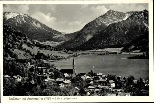 Ak Schliersee in Oberbayern, Teilansicht mit Brecherspitze und Jägerkamp