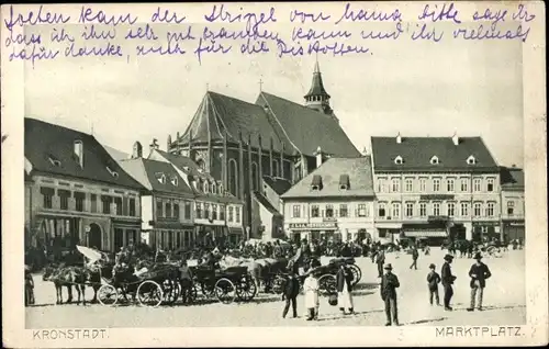 Ak Brașov Brassó Kronstadt Rumänien, Marktplatz, Kirche, Kutschen