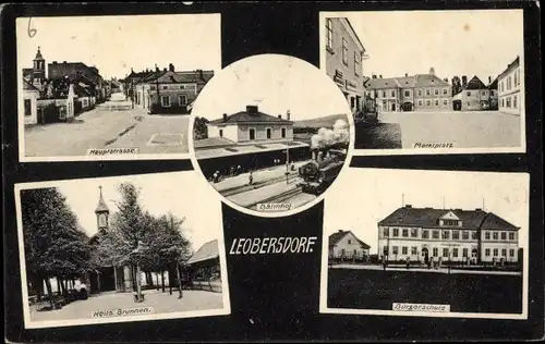 Ak Leobersdorf Niederösterreich, Bahnhof, Gleisseite, Bürgerschule, Brunnen, Hauptstraße, Marktplatz