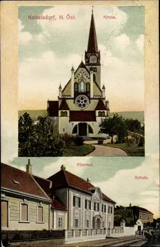 Ak Katzelsdorf in Niederösterreich, Pfarrhof, Schule, Kirche