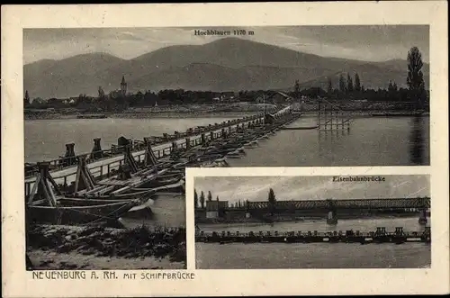 Ak Neuenburg am Rhein Baden, Panorama mit Hochblauen, Schiffbrücke, Eisenbahnbrücke